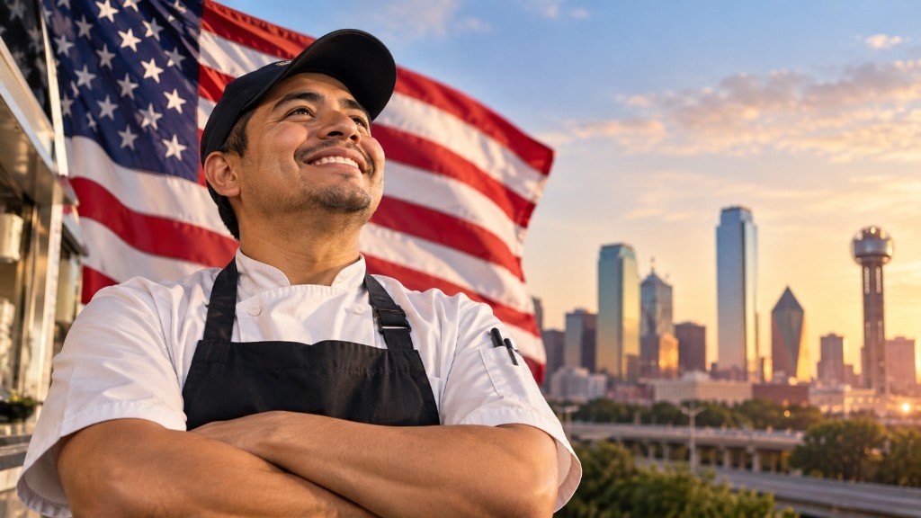 Cocinero sonriendo frente a la bandera de Estados Unidos y el horizonte de Dallas